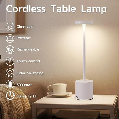 Cordless Table Lamp Set of 2, 5000mAh Rechargeable Battery Powered LED Table Light, Portable Touch Dimming Outdoor Table Lamps,3 Color Light for Restaurant,Patio,Bedroom,Camping,Cofee (White)