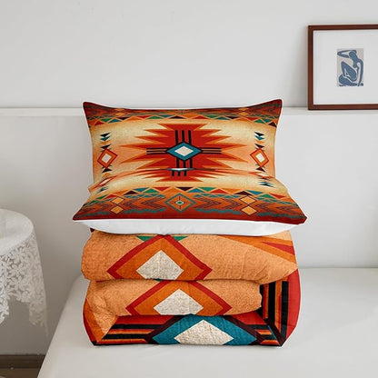 Western Bedding Set Twin Size,Southwest Comforter Set for Kids Teens Women Men,Aztec Tribal Bohemian Quilt Set 2Pcs Vintage Geometric Striped Orange Red Rustic Duvet Insert Bedroom Decor
