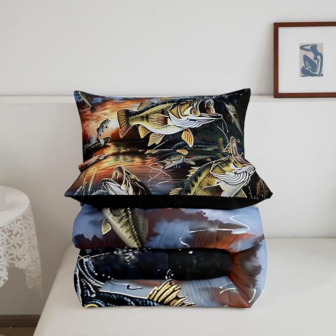 Erosebridal Fishing Theme Queen Bedding Set,Big Bass Pike Fish Comforter Set for Kids Boys Men,Rustic Cabin Lake House Comforter,Vintage Fisherman Bedroom Room Decor,2 Pillowcases Breathable