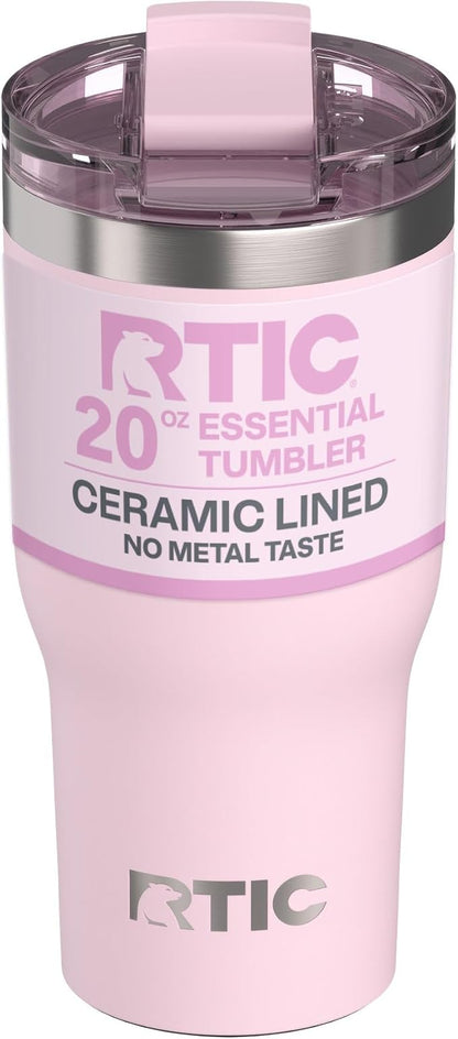 RTIC 20oz Essential Tumbler with Lid, Ceramic Lined, Insulated, Stainless Steel, Metal, Double Wall Vacuum-Insulation, Travel Cup for Iced Coffee, Tea, Hot and Cold Drink, Pale Pink