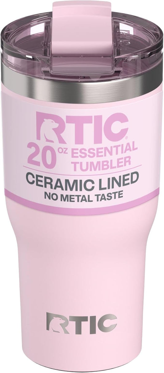 RTIC 20oz Essential Tumbler with Lid, Ceramic Lined, Insulated, Stainless Steel, Metal, Double Wall Vacuum-Insulation, Travel Cup for Iced Coffee, Tea, Hot and Cold Drink, Pale Pink