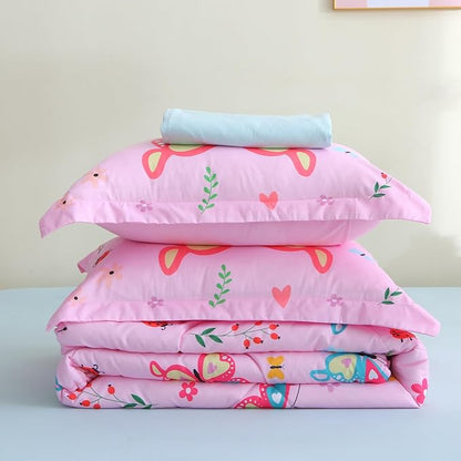 Girls Butterfly Comforter Set Queen Size 7 Piece Bed in A Bag Colorful Pink Flowers Leaves Bedding Set for Kids Teens Super Soft All Season