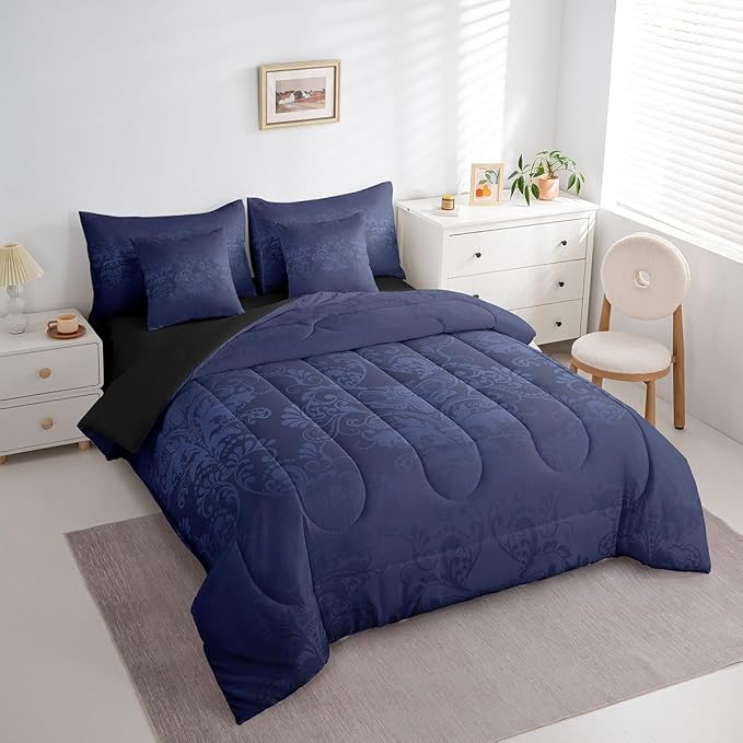 Erosebridal Gothic Damask Comforter Set 7 Piece Bed in a Bag Twin,Exotic Moth Bedding Sets Azure Blue Victorian Floral Goth Sheet Set with Comforter