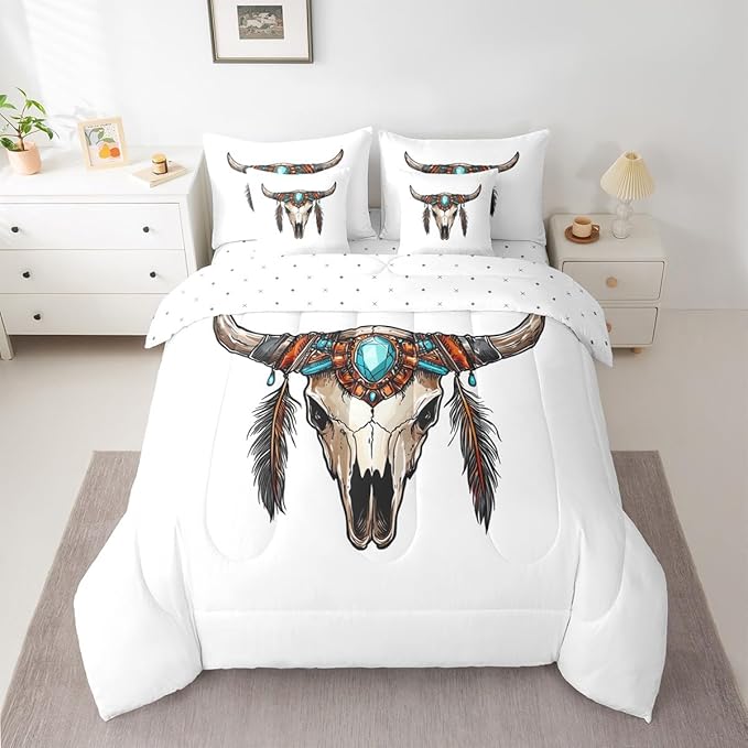 Erosebridal Aztec 7 Piece Bedding Set Twin Bull Skull Comforter Set with Sheets Gemstones Feathers Pattern Southwest Bed in a Bag Mysterious Hand Drawn Bohemian for Teens Men Women