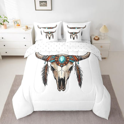 Erosebridal Aztec 7 Piece Bedding Set Twin Bull Skull Comforter Set with Sheets Gemstones Feathers Pattern Southwest Bed in a Bag Mysterious Hand Drawn Bohemian for Teens Men Women