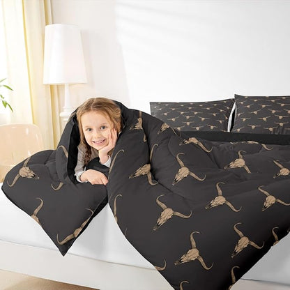Erosebridal Bull Skull Comforter Set Queen Ethnic Bohemian Bedding for Men Boys | Tribal Steer Skull Wildlife Aztec Bedroom Decor Farmhouse Cabin Lodge Duvet Insert with 2 Pillow Cases,Black Brown