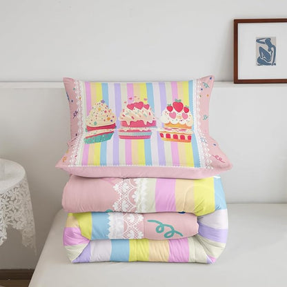 Kawaii Dessert Kids Comforter Set Queen Size,Watercolor Cute Cupcake Pattern Reversible Bedding Set for Boys Girls,Dots Sketch Rainbow Stripes Plaid Luxury Bed Duvet Insert, 2 Pillowcases