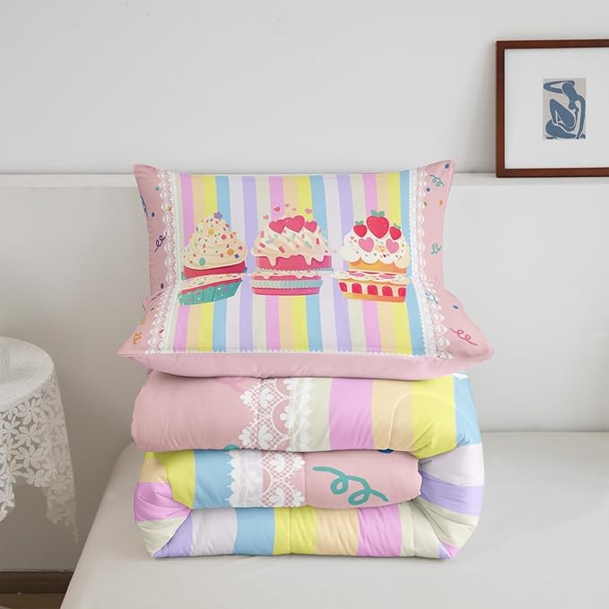 Kawaii Dessert Kids Twin Size Comforter Set,Watercolor Cute Cupcake Pattern Reversible Bedding Set for Teens Bedroom,Dots Sketch Rainbow Stripes Plaid Quilted Duvet Set with 1 Pillowcase