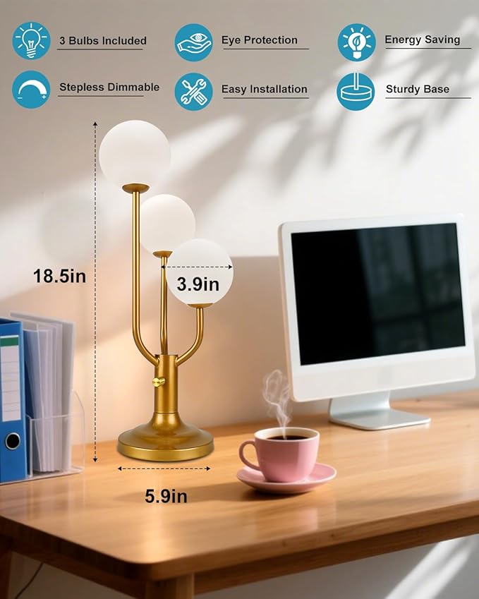 Modern Gold Globe Table Lamp Dimmable Mid Century 3-Light Desk Lamp 3000K Warmwhite Nightstand Lamp for Bedroom Bedside End Table(G9 Bulb Included)