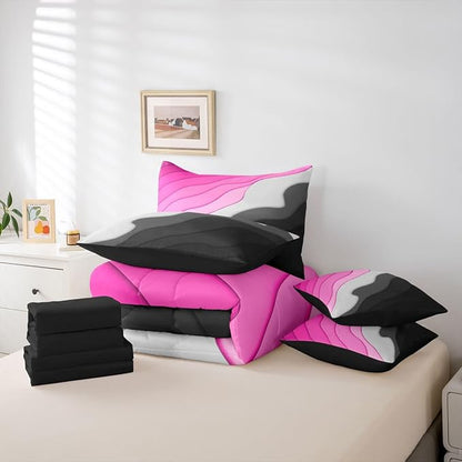 Pink Grey Black Ombre Bedding Queen Size 7-Piece Kids Teens Adults Geometric Stripe Comforter Set, Aesthetic Wave Bedding Comforter Sets Modern Abstract Bed in a Bag, Gradient Bedding Accessories