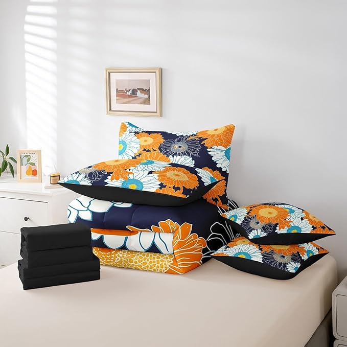 Feelyou Flower Comforter Set King Size 7 Pieces Daisy Bedding Set for All Season Botanical Floral Print Rustic Farmhouse Country Bed in a Bag with Comforter, Sheets, Pillowcases & Cushion Cover