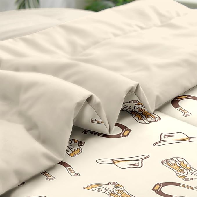 Comforter Set King Size, Vintage Cowgirl Cowboy 7 Pcs Bedding for Kids and Adults, Retro Western Horseshoe Bed Sheet Sets with Fitted Sheet 2 Pillowcases & 2 Shams