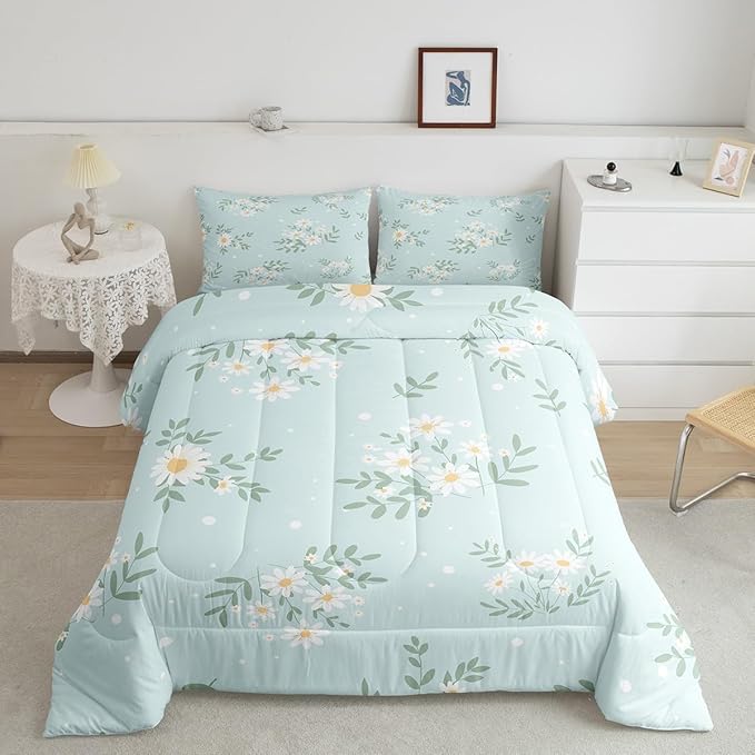 Manfei White Daisy Comforter Set King Size, Green Leaves Quilt Set with 2 Pillowcases, Botanical Garden Artwork Bedding Set 3pcs for Kids Boys Girls Bedroom Decor Lightweight Duvet Insert