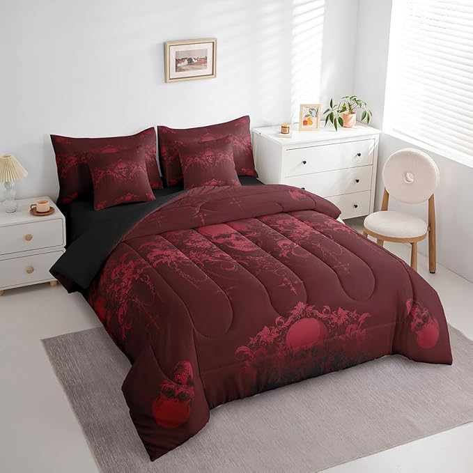 Erosebridal Gothic 7 Piece Comforter Set Full Bed in a Bag,Goth Sugar Skull Bedding Set,Maroon Damask Bohemian Vintage Floral Comforter and Sheet Set,Exotic Antique Victorian Baroque Decor