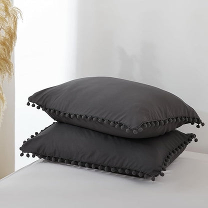 YIRDDEO Full Size Comforter Sets - Full Size Comforter with Ball Pom Fringe, Soft Bedding Set for All Seasons - 3 Pieces, 1 Comforter (79"x90") & 2 Pillow Shams(20"x26"), Charcoal Grey