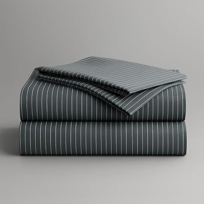 Peru Pima 415 Thread Count Percal California King Sheet Set - 100% Peruvian Pima Cotton, 4 Piece (Flat, Fitted, 2 Pillowcases) - Cooling, Deep Pocket, Hotel Quality Bedding - Pinstripe Grey