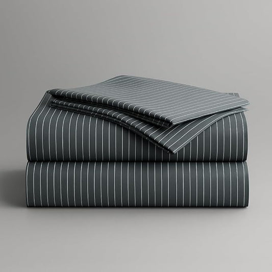 Peru Pima 415 Thread Count Percal California King Sheet Set - 100% Peruvian Pima Cotton, 4 Piece (Flat, Fitted, 2 Pillowcases) - Cooling, Deep Pocket, Hotel Quality Bedding - Pinstripe Grey