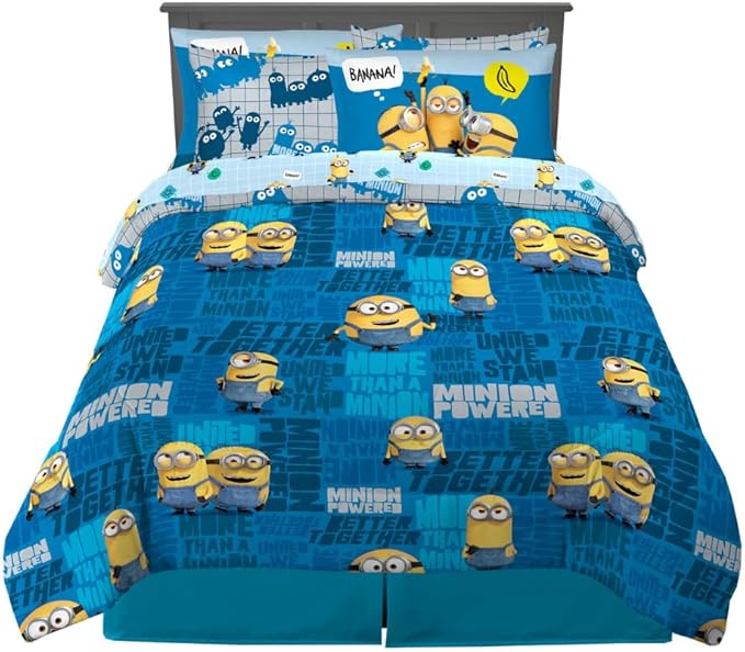 Minions The Rise of Gru Kids Bedding Super Soft & Cozy Reverisble Microfiber Comforter and Sheet Set with Sham, 7 Piece Queen Size, (Officially Licensed Product) by Franco