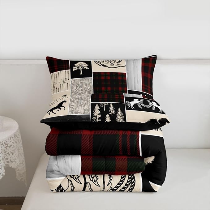 Erosebridal Southwest Horse Bedding Set for Kids, Western Horseshoe Comforter Set Cowboys Cowgirls Riding Boots Quilt for Boys Teens Adult, Forest Rustic Farmhouse Adventure Duvet Insert, Twin Size