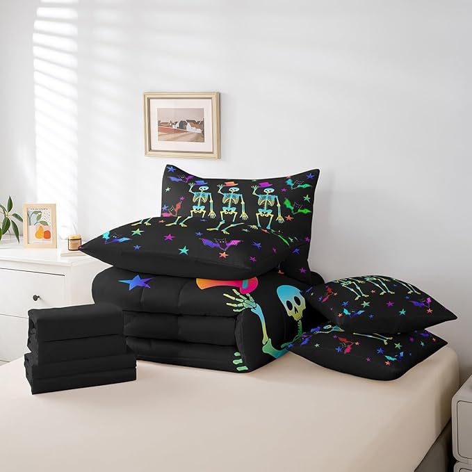Erosebridal Sugar Skull Bed in a Bag King Size Comforter Set 7 Pieces,Gothic Skeleton Halloween Decor,Bedding Sets Galaxy Stars Sheet Set with Comforter