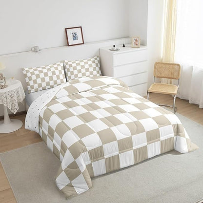 Feelyou Checkered Bedding Set Teen Women Men Beige Plaid Comforter Set Twin Size Kids Boys Girls Cute Retro Neutral Checkerboard Geometric Duvet Insert Vintage Aesthetic Room Decor