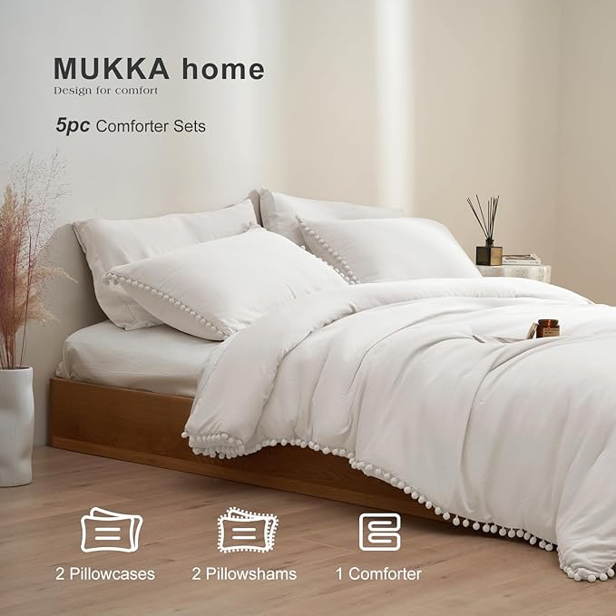 MUKKA Full Comforter Set 5-Piece Full Size White, Boho Pom Pom Fringe Comforter Sets Ivery, Soft Microfiber Bedding Comforter Set Beige with 2 Pillowcases,2 Pillowshams