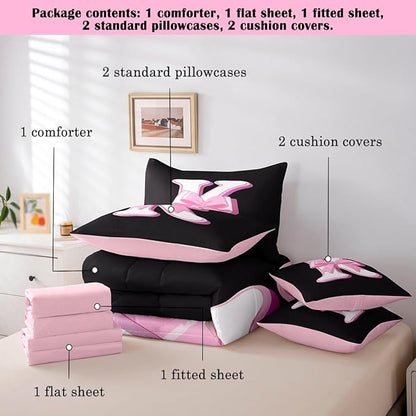 jejeloiu Kids Girls Black Pink Bow Comforter Set with Sheets King Size Monogrammed 7 Piece Bedding Set Personalized Initial K Bed in a Bag with Comforter,Sheets,Pillowcases Modern Fashion Bed Set