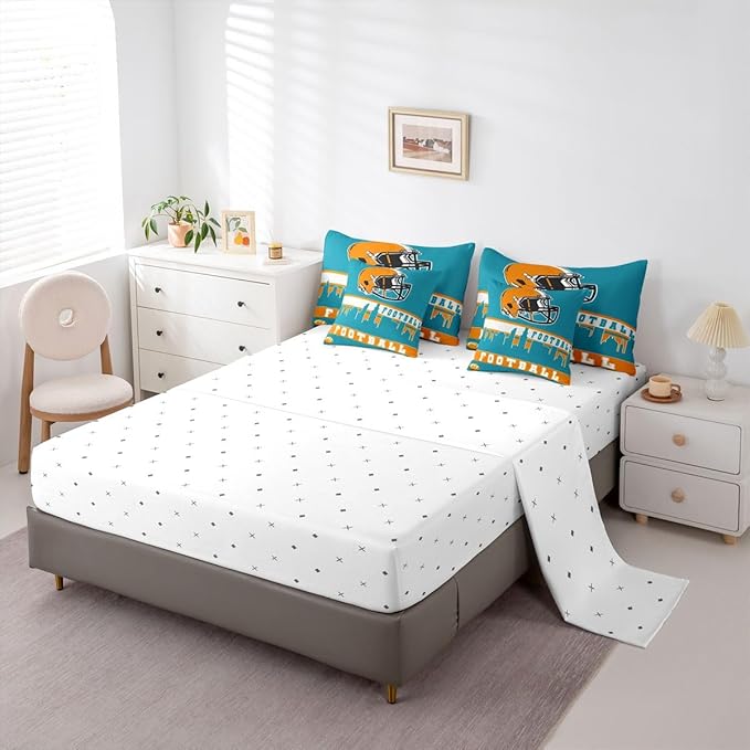 Erosebridal Football 7 Pcs Comforter Set King Football City Bedding for Boys Girls Teal Football Fans Sheet Set Bed in A Bag Rugby Game Bedroom Decor Sports Ball Competition Bed Set