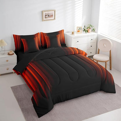 Feelyou Geometric Abstract Ombre Comforter Set with Sheets Kids Teens Orange Red and Black Striped Bedding Bed Set Decor Modern Fashion Bed in a Bag Bedroom Collection Twin Size