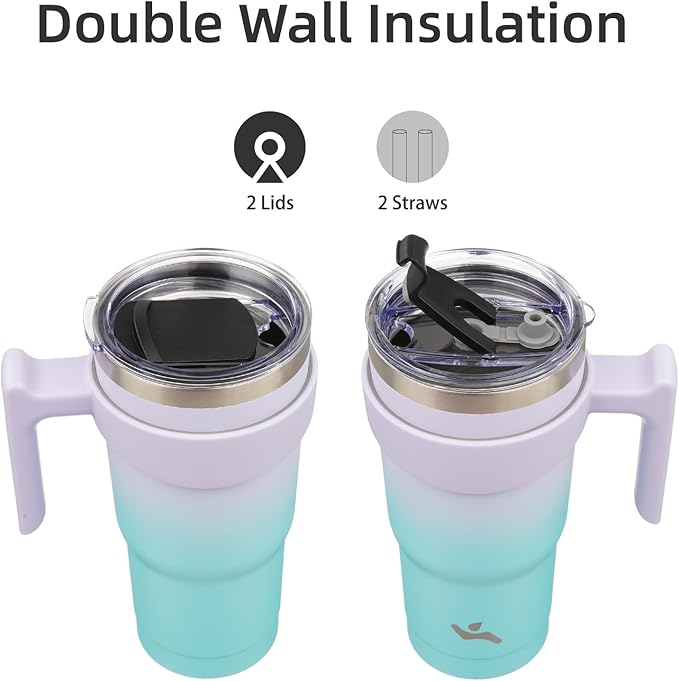 20 oz Tumbler with Handle and 2 Straw 2 Lid, Insulated Water Bottle Stainless Steel Vacuum Cup Reusable Travel Mug, Lavender Green
