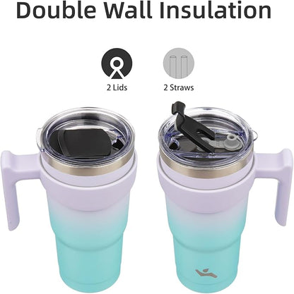20 oz Tumbler with Handle and 2 Straw 2 Lid, Insulated Water Bottle Stainless Steel Vacuum Cup Reusable Travel Mug, Lavender Green