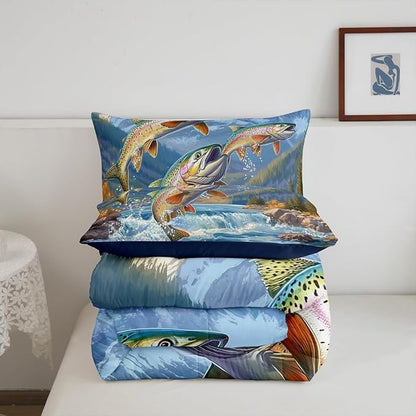 Erosebridal Fishing Theme King Bedding Set,Big Pike Bass Fish Comforter Set for Kids Boys Men,Rustic Mountain Comforter,Lake House Country Bedroom Room Decor,2 Pillowcases Lightweight