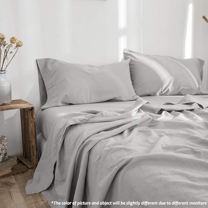 Simple&Opulence Belgian Linen Sheet Set Solid Color - 4 Pieces (1 Flat Sheet, 1 Fitted Sheet & 2 Pillowcases) Natural Flax Cotton Blend Soft Breathable Farmhouse Bedding - Queen Size, Grey