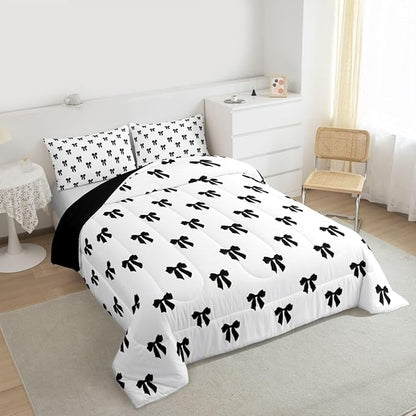 Erosebridal Black Bow Comforter Set Toddler Size Coquette Bows Bedding Set for Kids Teen Girls Women Bedroom Cute Preppy Bowknot Comforter Modern Trendy Girly Aesthetic Quilt Duvet