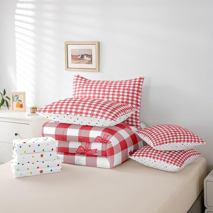 Feelyou Red Bow Comforter Set with Sheets Queen Size Kids Bowknot Pliad 7 Pieces Bedding Set for Boys Girls Teens Gift for Girls Women Grid Bed in a Bag Breathable Princess Décor Bed Set