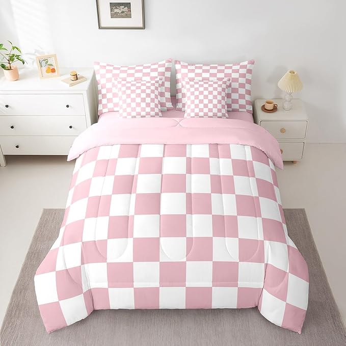 Feelyou Checkered 7 Piece Bedding Set Teen Women Men Pink Plaid Comforter Set with Sheets Queen Size Kids Boys Cute Retro Neutral Checkerboard Geometric Bed in a Bag Vintage Aesthetic Room Decor