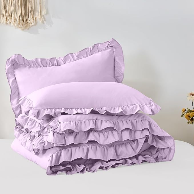 FUANNA King Size Comforter Set Lavender, 3 Pieces Ruffle King Bedding Set, Fluffy Farmhouse Bed in a Bag King with 1 Lightweight Comforter & 2 Pillowshams