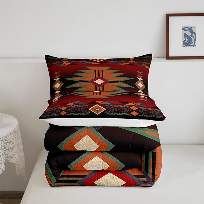 Western Bedding Set Full Size,Red Black Cowboy Cowgirl Comforter Set for Boys Girls,Kids Adult Aztec Native Tribal Quilt Set Retro Geometric Arrow Striped Bohemian Duvet Insert,2 Pillowcases