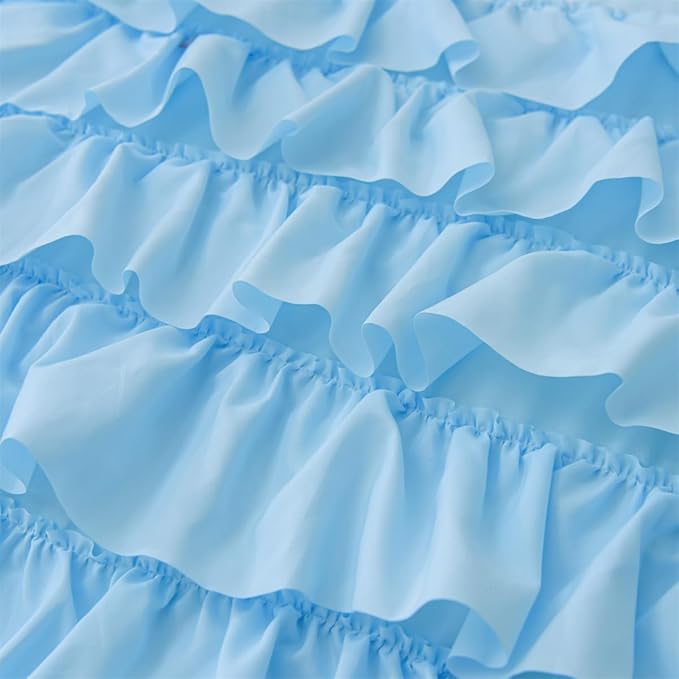 Holawakaka Light Blue Waterfall Ruffle Comforter Set, Full Size Shabby Chic Ruffled Bedding Set for Girls Women, Kids Teens Ruched Dorm Bed Set 3 Pieces