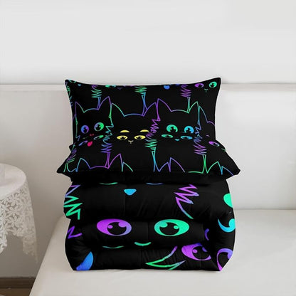 Erosebridal Girls Bedding Cartoon Cat Comforter Set Queen Size,Gradient Line Cute Cat Bedding Set for Kids Teens Boys Young Man Room Decor,Lovely Animal Kitten Print Comforter All Season,Rainbow Black