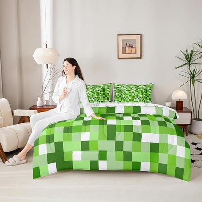 Castle Fairy Pixel Style Games 7 Piece Bedding Set Queen Size,Miner Theme Comforter & Sheet Sets Light Green Block Bed in a Bag Building Gaming Flat & Fitted Sheets,4 Pillow Covers
