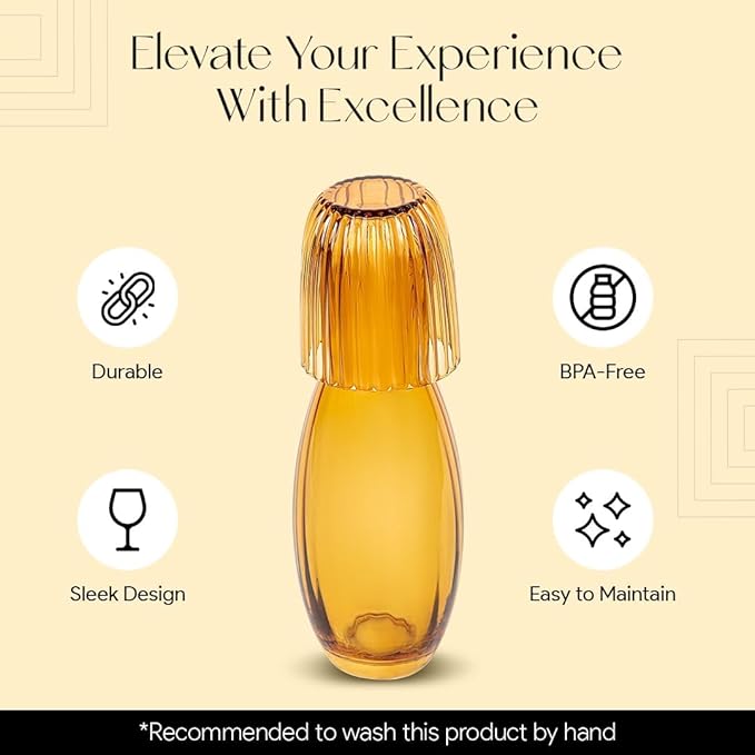 American Atelier 40 oz Bedside Water Carafe with Tumbler – 10.63" Ribbed 2-Piece Glass Set, Pitcher with Cup Lid for Nightstand, Guest Room, Office, Durable & Elegant Drinkware (Amber)