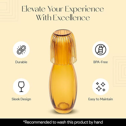 American Atelier 40 oz Bedside Water Carafe with Tumbler – 10.63" Ribbed 2-Piece Glass Set, Pitcher with Cup Lid for Nightstand, Guest Room, Office, Durable & Elegant Drinkware (Amber)
