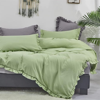 CLOTHKNOW Green Ruffles Queen Comforter Set Farmhouse Bedding Comforter Sets Soft Sage Green Comforter with 2 x Pillow Cases