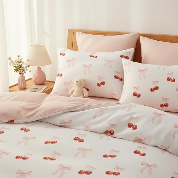 Nayoroom Pink Bow Comforter Set Full Size Reversible Red Cherry Comforter 3 Pieces Soft Lightweight Kids Girls Cute Aesthetic Dorm