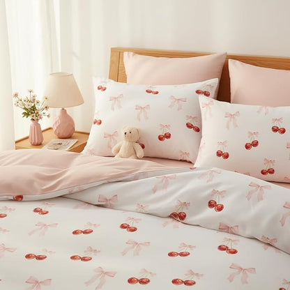 Nayoroom Pink Bow Comforter Set Full Size Reversible Red Cherry Comforter 3 Pieces Soft Lightweight Kids Girls Cute Aesthetic Dorm