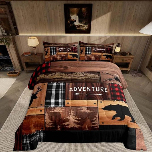 Feelyou Bear Deer Bedding Set Soft for Boys Girls, Wildlife Hunting Comforter Set Twin Size Rustic Cabin Duvet Quilt Microfiber Farmhouse Bedroom Decor 2 Pcs with 1 Pillow Cases