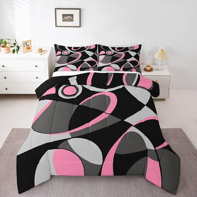 Feelyou Pink Grey and Black Comforter Retro Circle Geometrics Comforter Set Modern Abstract Art Bedding Set for Kids Boys Girls Geometrics Swirl Duvet Set Luxury Room Decor Quilt Set Queen Size