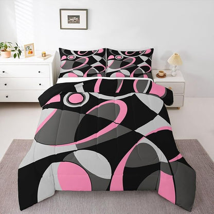 Feelyou Pink Grey and Black Comforter Retro Circle Geometrics Comforter Set Modern Abstract Art Bedding Set for Kids Boys Girls Geometrics Swirl Duvet Set Luxury Room Decor Quilt Set Full Size