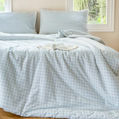 NSNLGSGC Light Blue Gingham Cotton Comforter Set King, 100% Washed Cotton Blue Plaid Checked Comforter Bedding, 3 Pieces Vintage Farmhouse Grid Bedding Set(Light Blue Gingham, King)